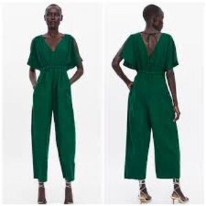 Zara Deep Green Wide Leg Linen Jumpsuit